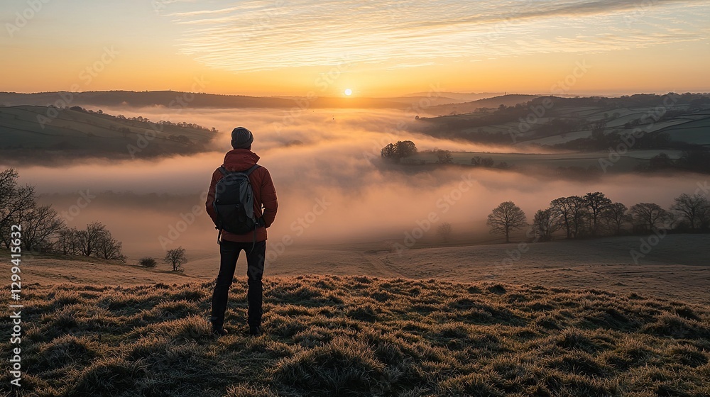 Man gazes at sunrise over misty valley landscape in early morning Man gazes at sunrise over misty valley landscape in early morning