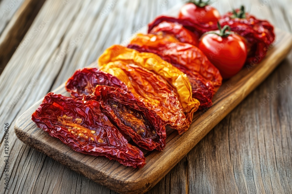 Sun-dried tomatoes arranged on a wooden board, showcasing various stages of drying and vibrant colors. Sun-dried tomatoes arranged on a wooden board, showcasing various stages of drying and vibrant colors.