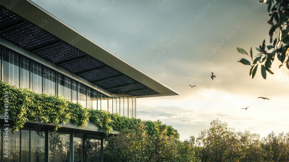 Fototapeta premium Modern green building with solar panels, plants, and birds flying at sunset.