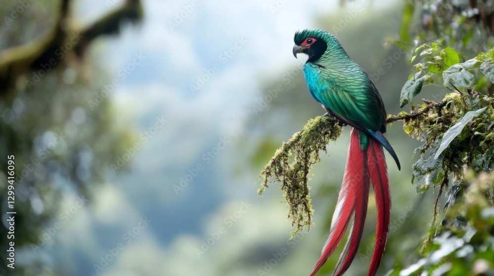Fototapeta premium Resplendent Quetzal perched on branch, rainforest backdrop