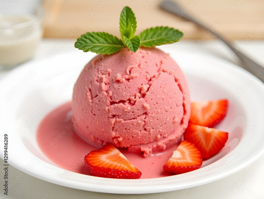 Fresh Strawberry Ice Cream with Mint Leaves on White Plate Fresh Strawberry Ice Cream with Mint Leaves on White Plate