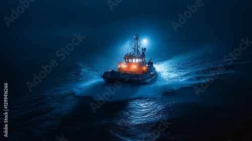 Powerful Tugboat Sailing Through Dark Ocean Waves at Night Dramatic Nighttime Seascape Powerful Vessel Navigating Rough Waters Blue Hour Maritime     