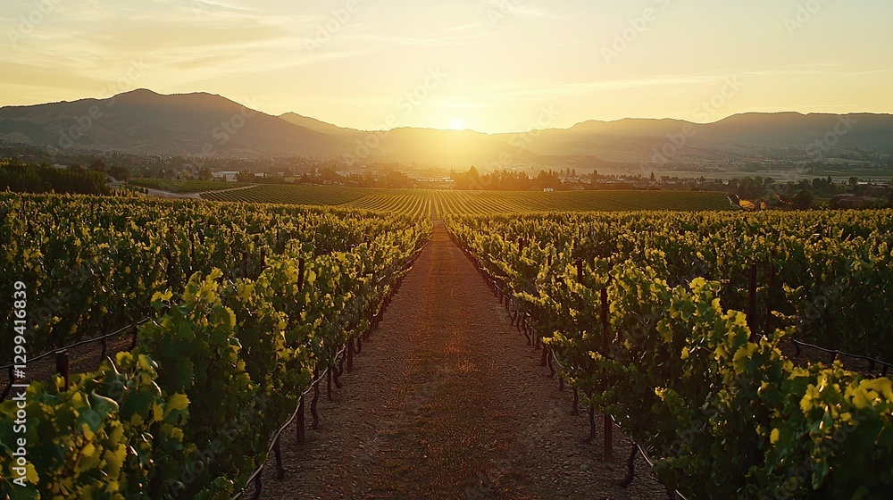 Fototapeta premium Sunset over vineyard landscape with rows of grapevines and mountains