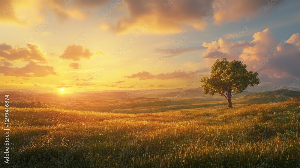 Solitary tree on a hill at sunset, overlooking a vast, golden field. Solitary tree on a hill at sunset, overlooking a vast, golden field.