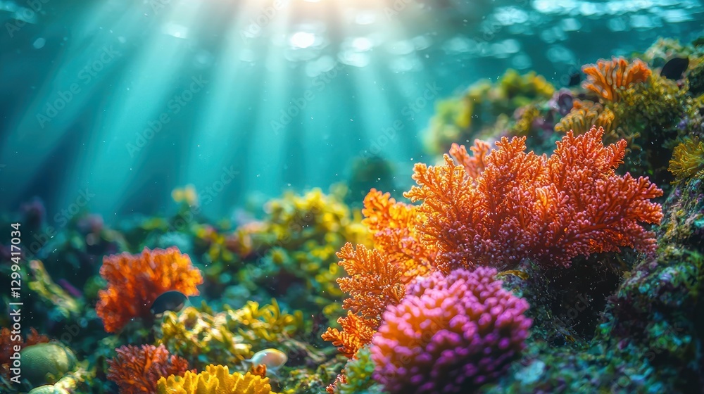 Naklejka premium Sunlit Coral Reef. Underwater, colorful coral, bright sun rays, marine life. Use background
