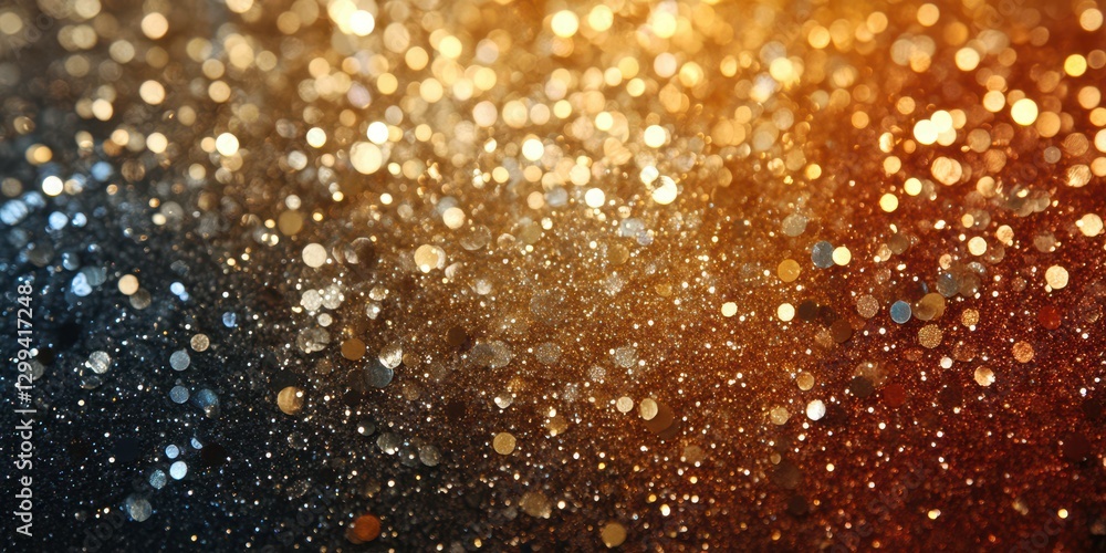 Shiny glittering particles create a dreamy background with hues of gold and blue during a festive celebration Shiny glittering particles create a dreamy background with hues of gold and blue during a festive celebration