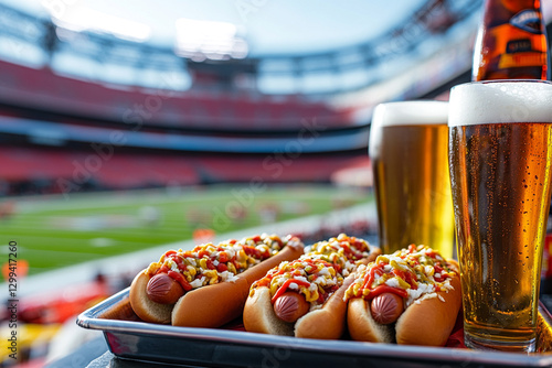 Enjoying hot dogs and cold beer at a sports stadium during a sunny match day