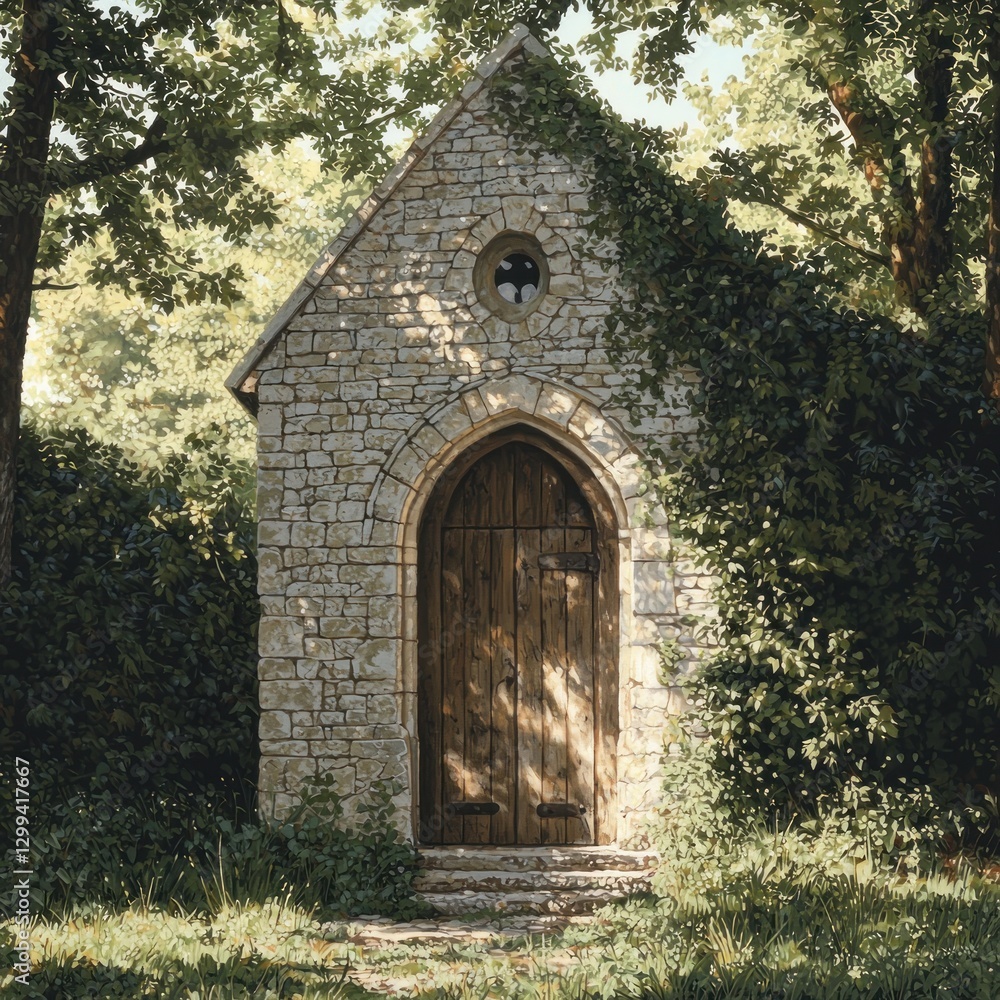 Stone chapel nestled in lush greenery. Stone chapel nestled in lush greenery.