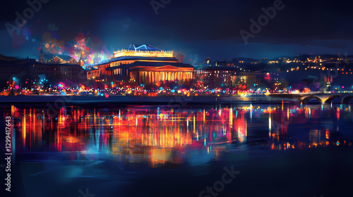 A striking nighttime view of theatre vltava lit with festive lights, with its reflection shimmering on the vltava river. Reflection - Lake. Illustration photo