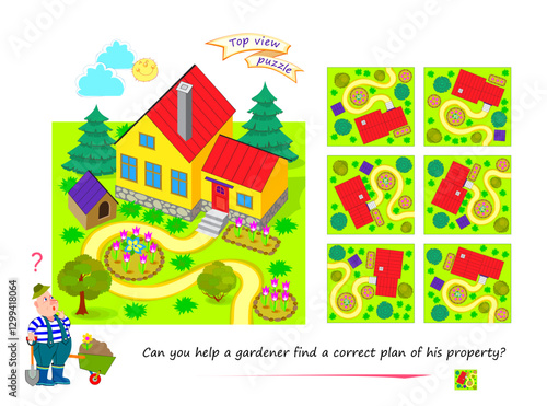 Top view puzzle. Can you help a gardener find a correct plan of his property? Logic game for children and adults. 3D maze. Page for brain teaser book. Developing spatial thinking. Flat vector image.