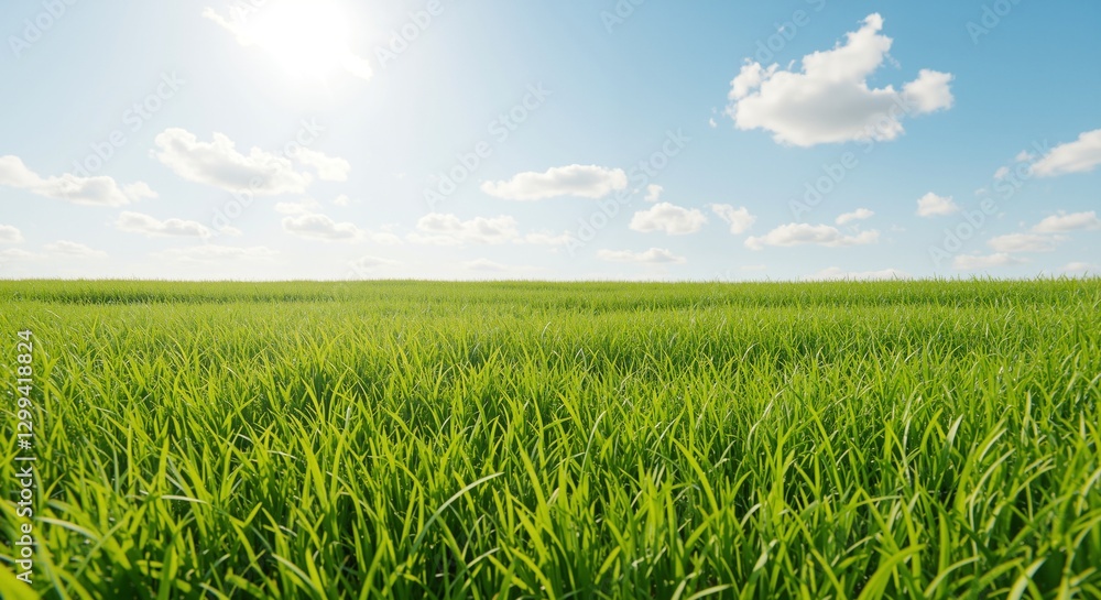 Lush green grass field under a bright blue sky with fluffy clouds creating a serene and peaceful atmosphere representing tranquility in nature Lush green grass field under a bright blue sky with fluffy clouds creating a serene and peaceful atmosphere representing tranquility in nature