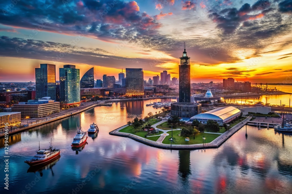 Fototapeta premium Aerial View of Baltimore Inner Harbor Lighthouse at Sunset, Drone Photography