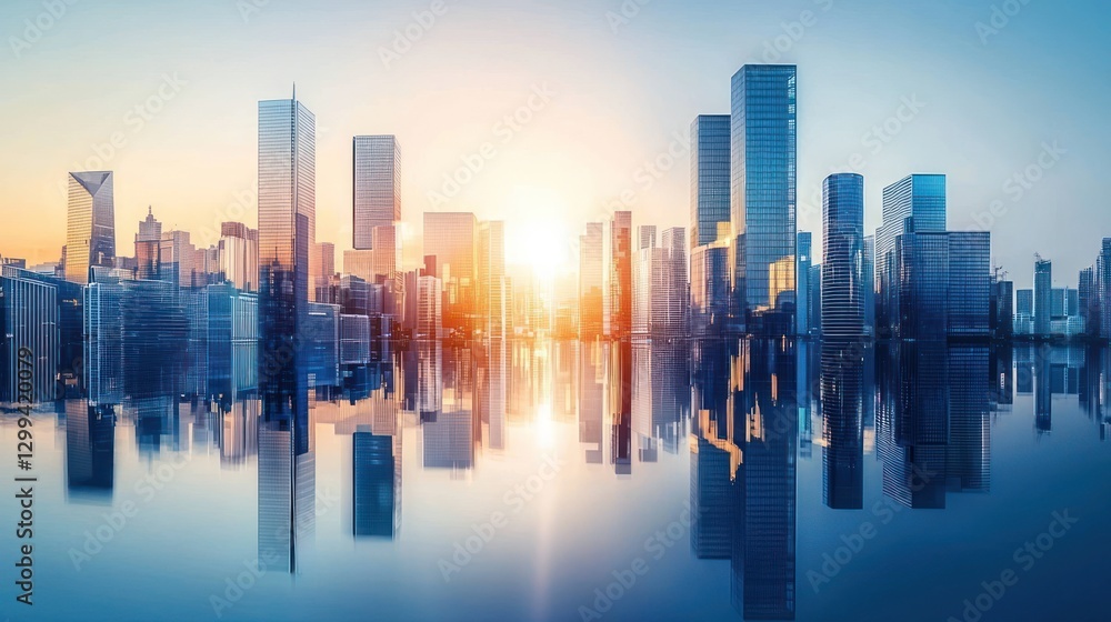 Fototapeta premium Sunrise cityscape reflected in calm water.