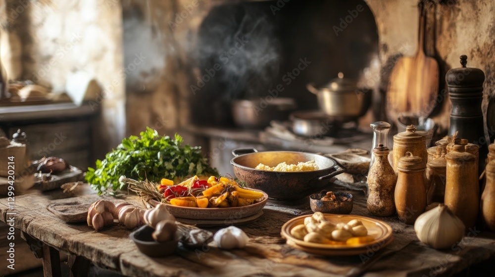 Rustic kitchen with fresh ingredients and cooking utensils on table Rustic kitchen with fresh ingredients and cooking utensils on table