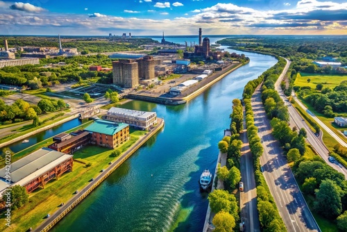 Aerial View of Calumet River, Chicago Industrial Landscape, Drone Photography