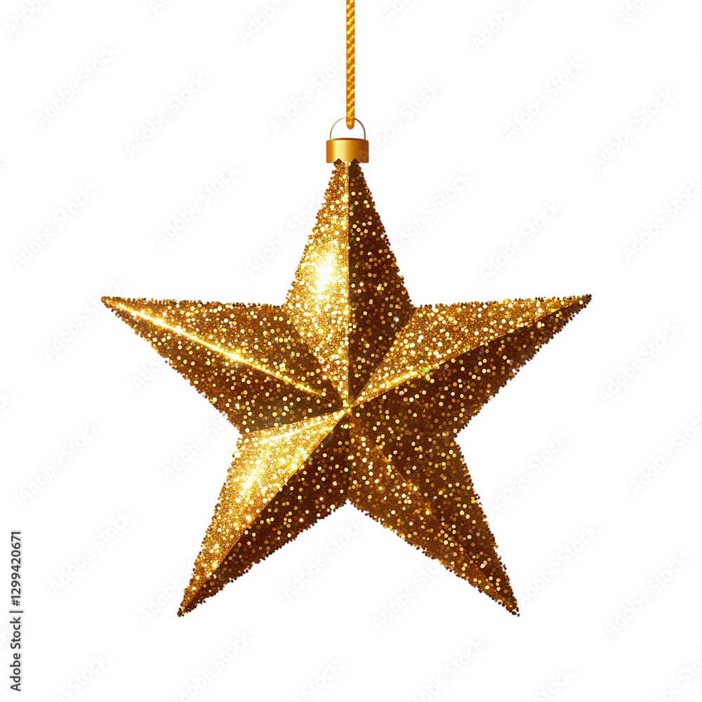 Golden Christmas star ornament with glitter isolated on white transparent background Golden Christmas star ornament with glitter isolated on white transparent background