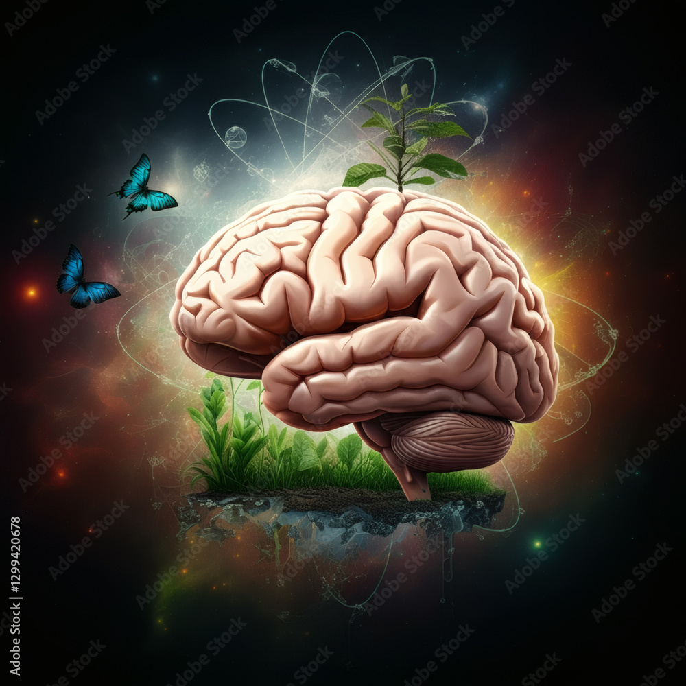 Digital artwork of a glowing human brain with energy waves, butterflies, and nature elements, symbolizing knowledge and consciousness Digital artwork of a glowing human brain with energy waves, butterflies, and nature elements, symbolizing knowledge and consciousness