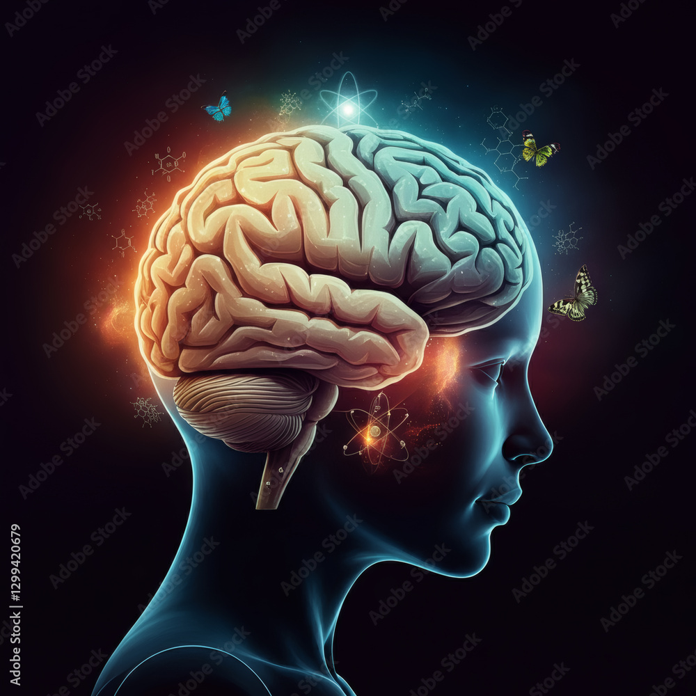 Obraz premium Digital artwork of a glowing human brain with energy waves, butterflies, and nature elements, symbolizing knowledge and consciousness
