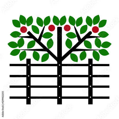Espalier apple tree icon with red apples and trellis