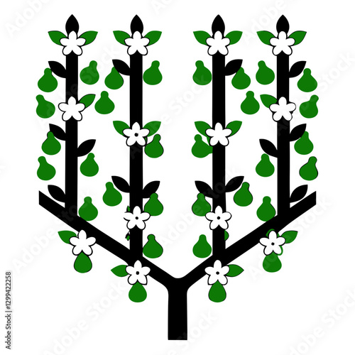 Espalier pear tree icon with blossoms and green fruit