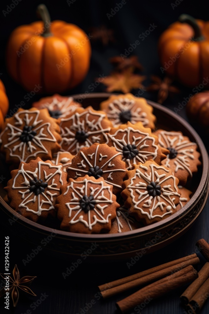 Halloween spider web cookies on plate with pumpkins and spices. Spooky festive dessert for autumn celebration. Homemade treats for fall holiday party. Dark moody background. Halloween spider web cookies on plate with pumpkins and spices. Spooky festive dessert for autumn celebration. Homemade treats for fall holiday party. Dark moody background.