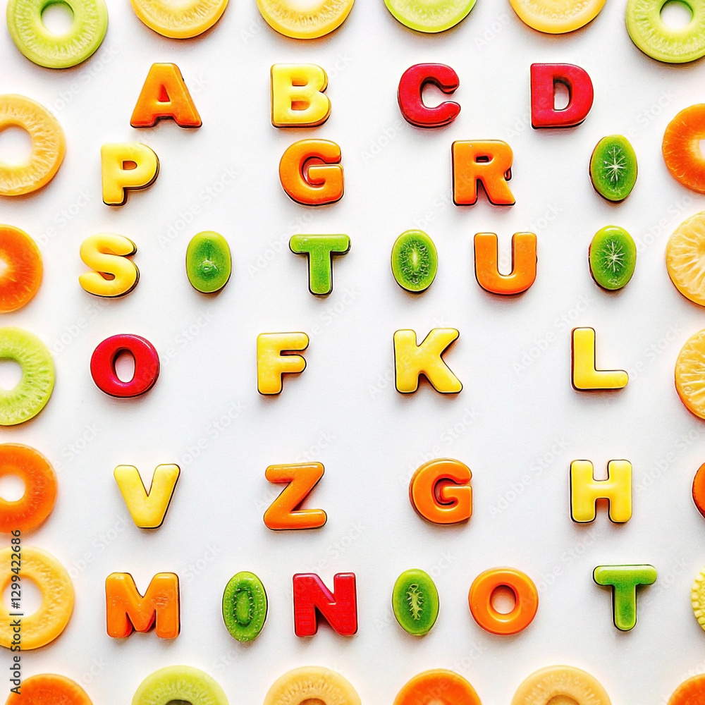 Fototapeta premium Colorful alphabet letters arranged with fruit slices on white background.