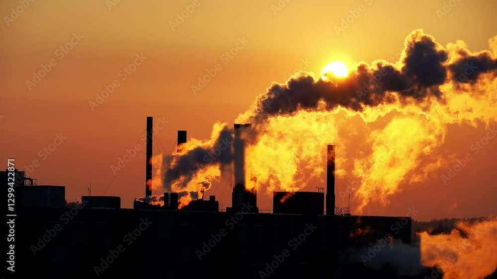 Silhouettes of factory pipe, chimneys at orange sunset with exhaust smoke, steam. Concept ecology, pollution, industry, smog, global warming. Silhouettes of factory pipe, chimneys at orange sunset with exhaust smoke, steam. Concept ecology, pollution, industry, smog, global warming.