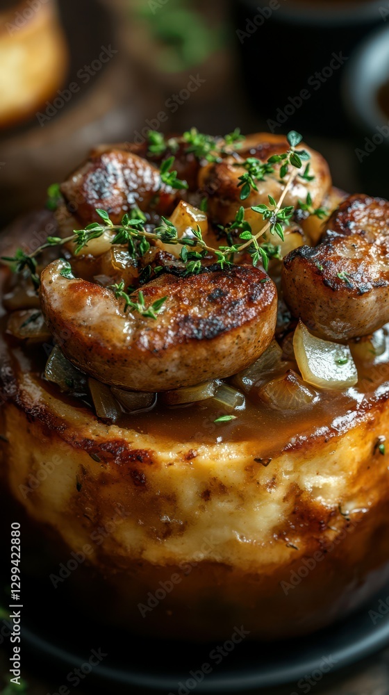 Savory shrimp atop rich mashed potatoes garnished with thyme at a cozy restaurant Savory shrimp atop rich mashed potatoes garnished with thyme at a cozy restaurant