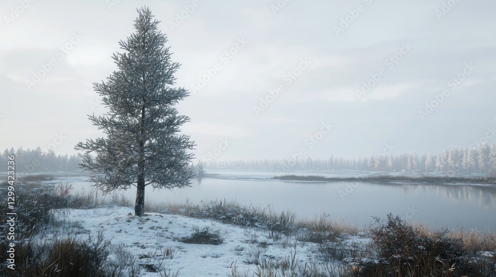 Solitary snow-covered evergreen tree by a calm winter lake. Solitary snow-covered evergreen tree by a calm winter lake.