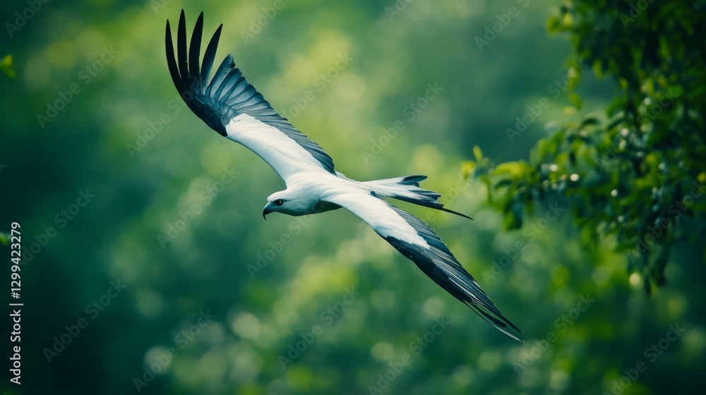 White hawk soaring through lush green forest White hawk soaring through lush green forest