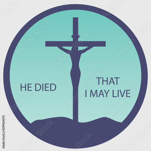 An icon with the silhouette of a crucifix standing on a mountain. Text with a Christian message associated with faith in the sacrifice of Jesus Christ