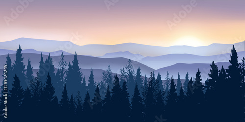 A mountainous landscape at sunset or sunrise, silhouettes of forests and mountain ranges.