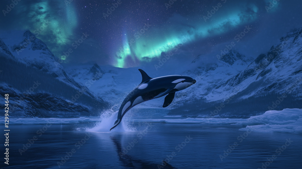 Fototapeta premium An orca whale leaps out of a frozen ocean, creating a dramatic splash as the northern lights cast a mesmerizing glow across the icy landscape.
