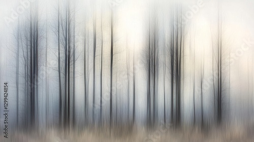 Abstract blurred forest scene with tall, slender trees and a misty atmosphere.