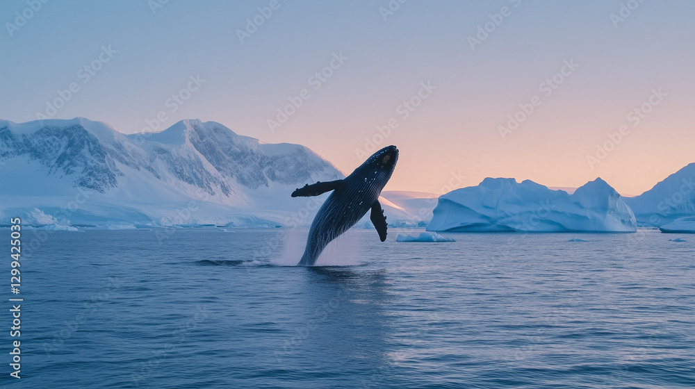 Obraz premium An orca whale leaps out of a frozen ocean, creating a dramatic splash as the northern lights cast a mesmerizing glow across the icy landscape.