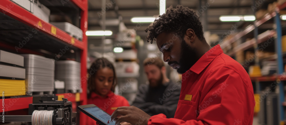 A diverse engineer team collaborating around a 3D printer in a modern industrial lab. One person, Black american man adjusts the settings on a tablet A diverse engineer team collaborating around a 3D printer in a modern industrial lab. One person, Black american man adjusts the settings on a tablet