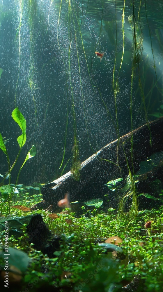 Naklejka premium Underwater sunbeams illuminate aquatic plants and fish. Peaceful aquarium scene