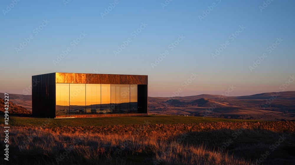 Obraz premium Sunset reflecting on modern glass pavilion in a vast landscape.