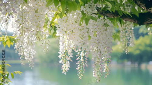 Fototapeta Naklejka Na Ścianę i Meble -  Soft sunlight illuminates cascading white flowers near tranquil waters.
