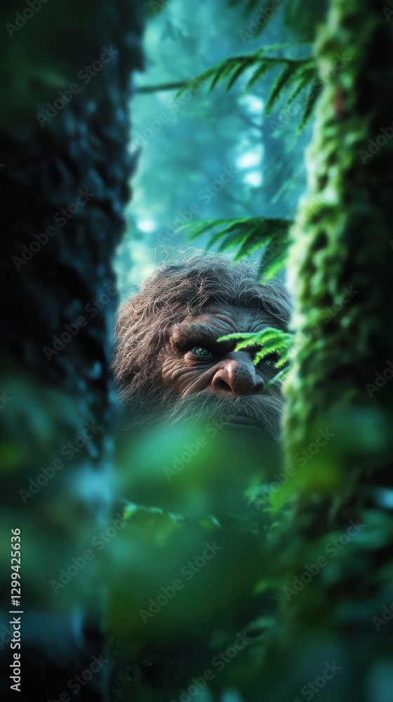 Fototapeta premium Mysterious forest encounter with a troll emerging from the shadows