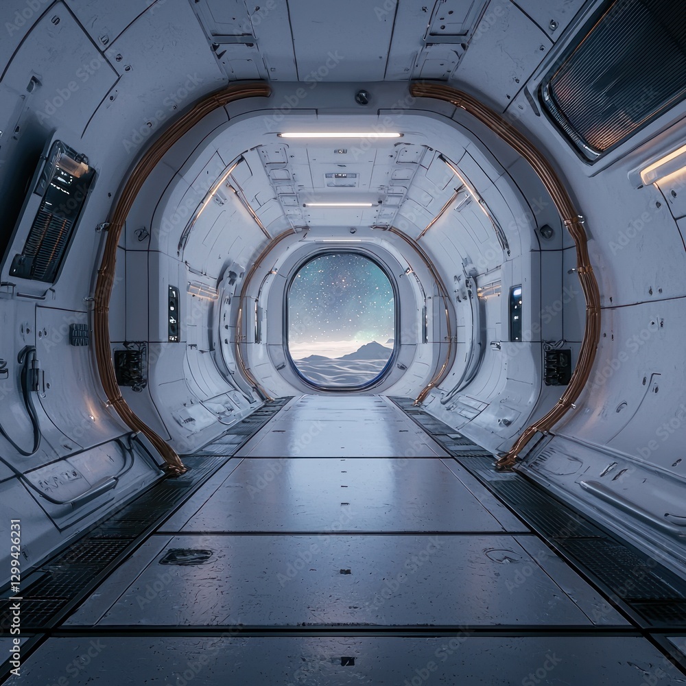 Fototapeta premium Futuristic spaceship corridor with oval window showing alien landscape.