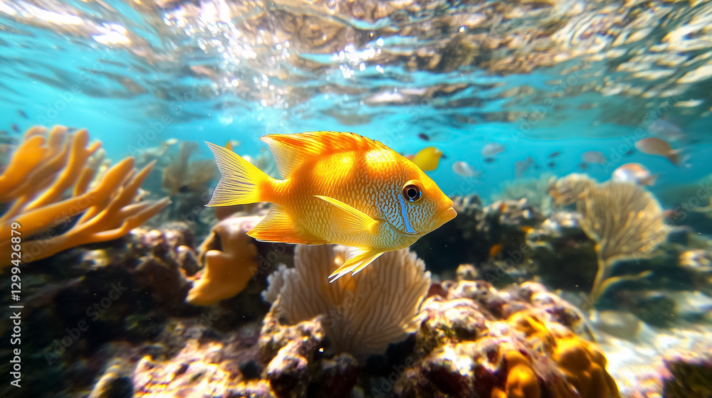 A lively coral reef filled with an array of colorful fish gracefully navigating among the corals A lively coral reef filled with an array of colorful fish gracefully navigating among the corals