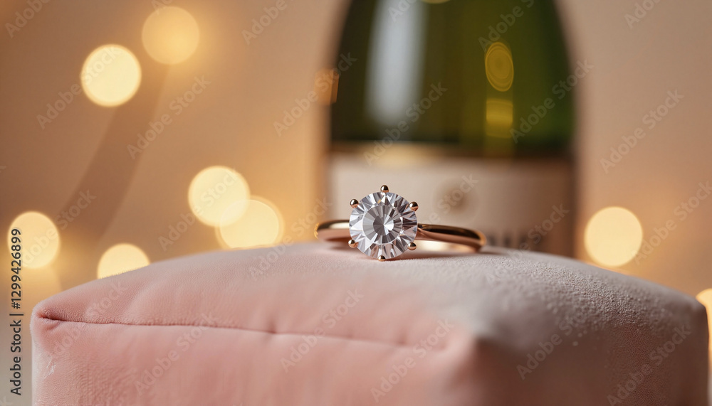 Fototapeta premium Diamond engagement ring on pink velvet cushion with blurred background