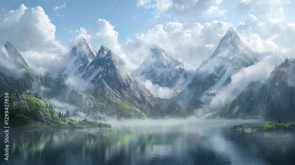 Majestic snow-capped mountains reflected in a serene lake shrouded in mist. Majestic snow-capped mountains reflected in a serene lake shrouded in mist.