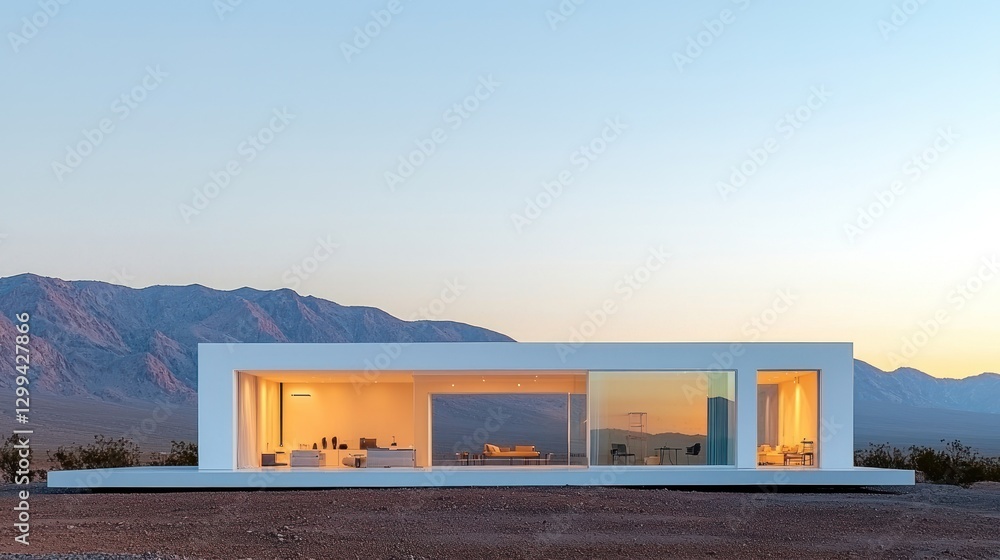 Fototapeta premium Minimalist desert house at sunset.