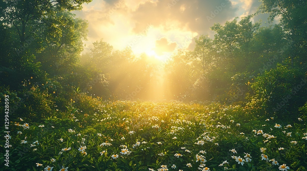 Sunlit forest path through misty meadow with wildflowers at sunrise. Sunlit forest path through misty meadow with wildflowers at sunrise.