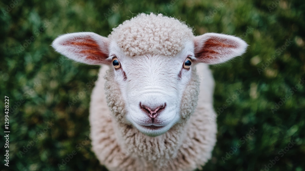 Fototapeta premium Cute sheep close-up on a sunny day in a lush green field showcasing its fluffy wool and curious expression