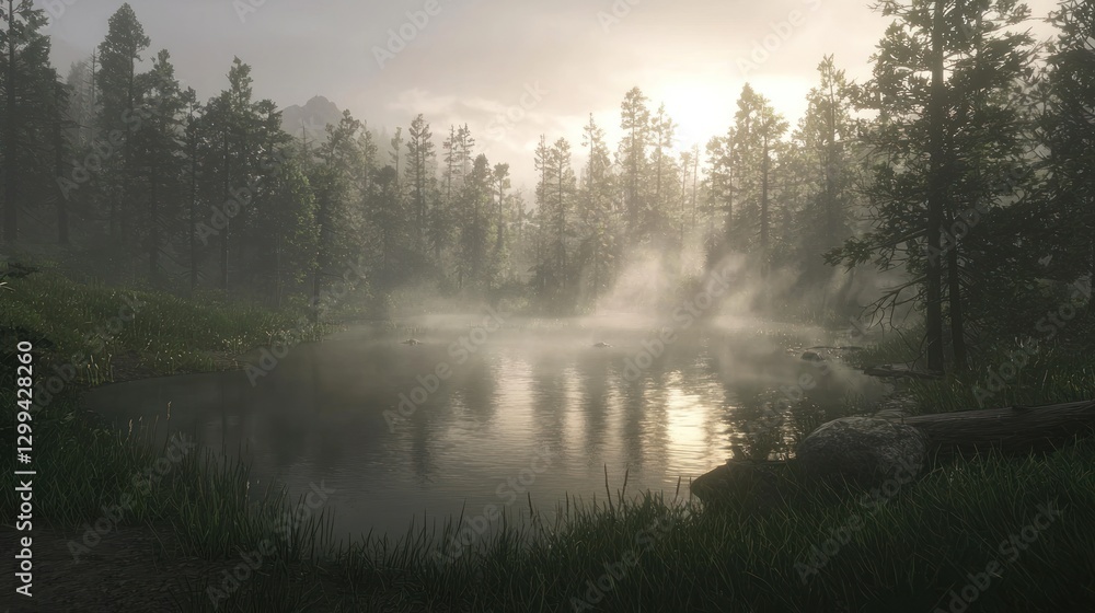 Fototapeta premium Misty sunrise over serene forest lake.