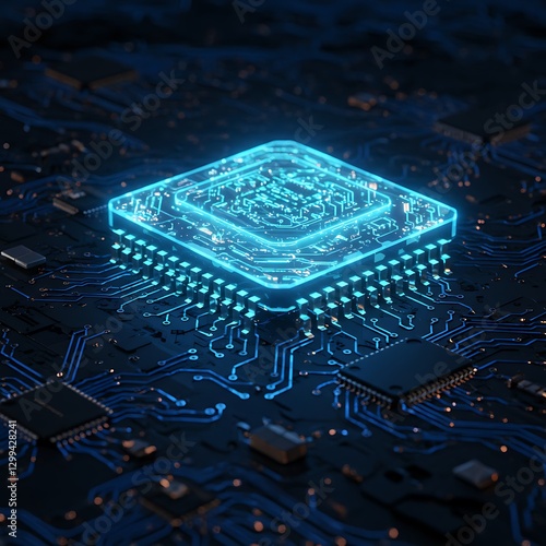Glowing Microchip: A Futuristic Circuit Board's Neon Blue Heart