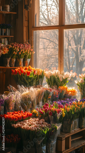 Colorful tulips arranged in a flower shop, illuminated by soft morning light.